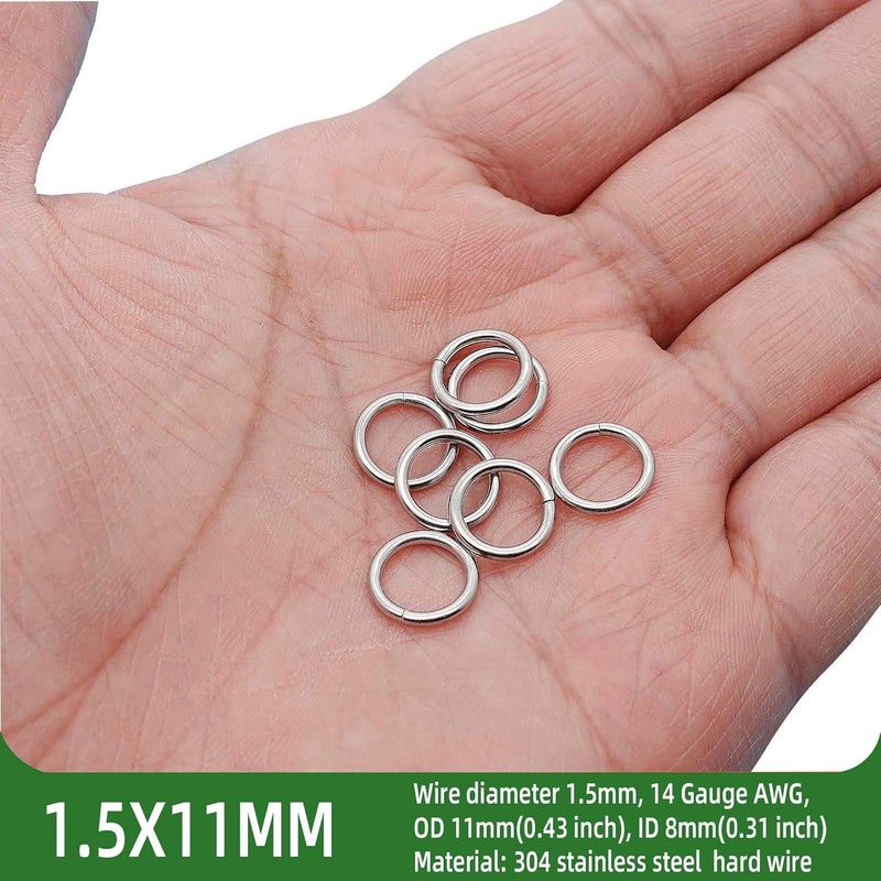THREENEST 250PCS 11mm 1.5mm Thickness 14 Gauge Stainless Steel Jump Rings, Unwelded Metal Round Strong Thick Craft Ring for Necklace Bracelet Keychain Chainmail Jewelry Making - Image 2